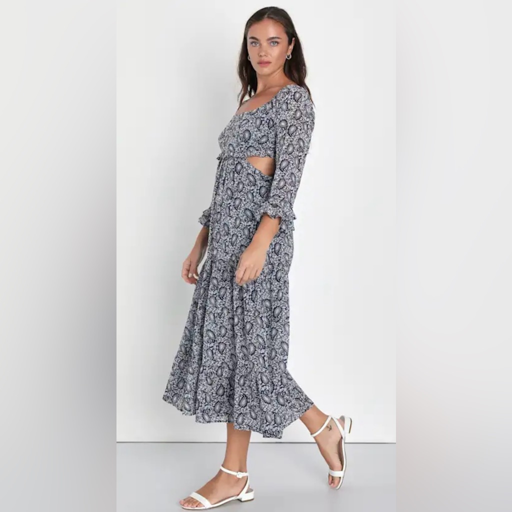 New $69 Lulus Xs Blissful Sweetie Navy Blue Paisley Tiered Cutout Midi Dress Nwt